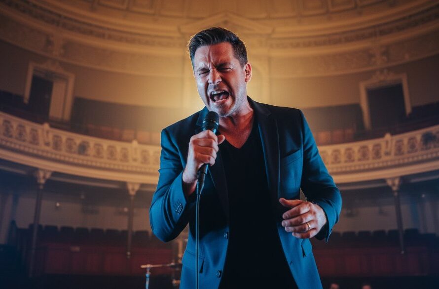 Dynamic Maryborough Victoria live music photography capturing a lead guitarist mid-shred under dramatic stage lights at a Maryborough venue, crowd silhouettes in foreground, evoking an epic concert moment.