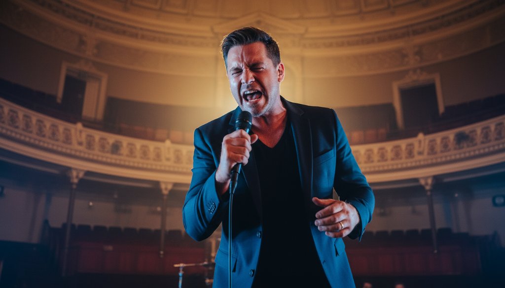 Dynamic Maryborough Victoria live music photography capturing a lead guitarist mid-shred under dramatic stage lights at a Maryborough venue, crowd silhouettes in foreground, evoking an epic concert moment.