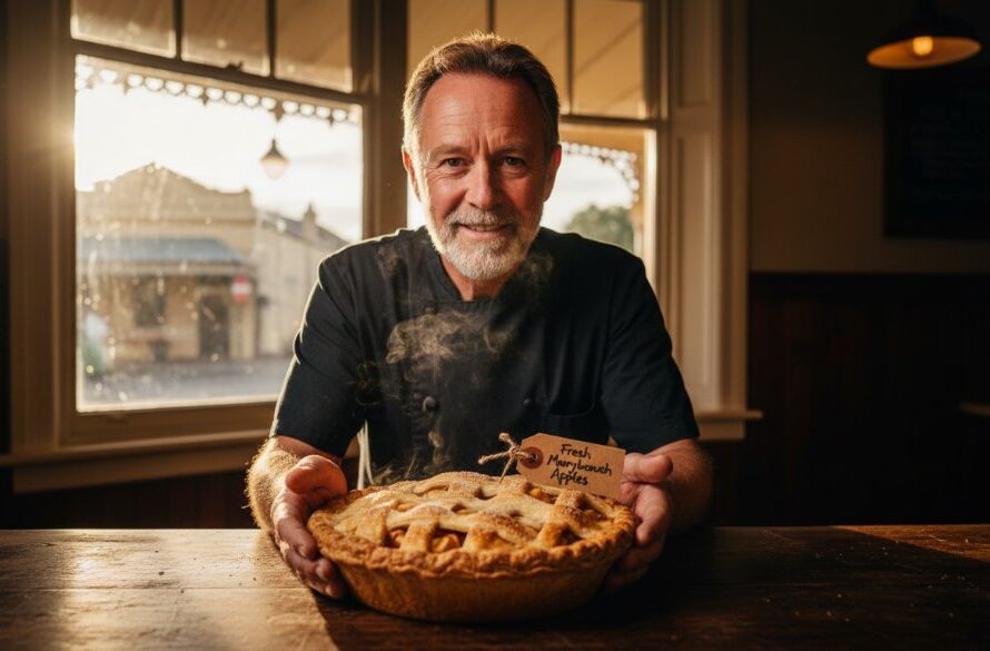A dramatic, professionally colour-graded photograph showcasing exquisite Maryborough Victoria local produce food photography, with a rustic pie cooling on a vintage wooden table in a sun-drenched cafe, capturing the golden afternoon light.