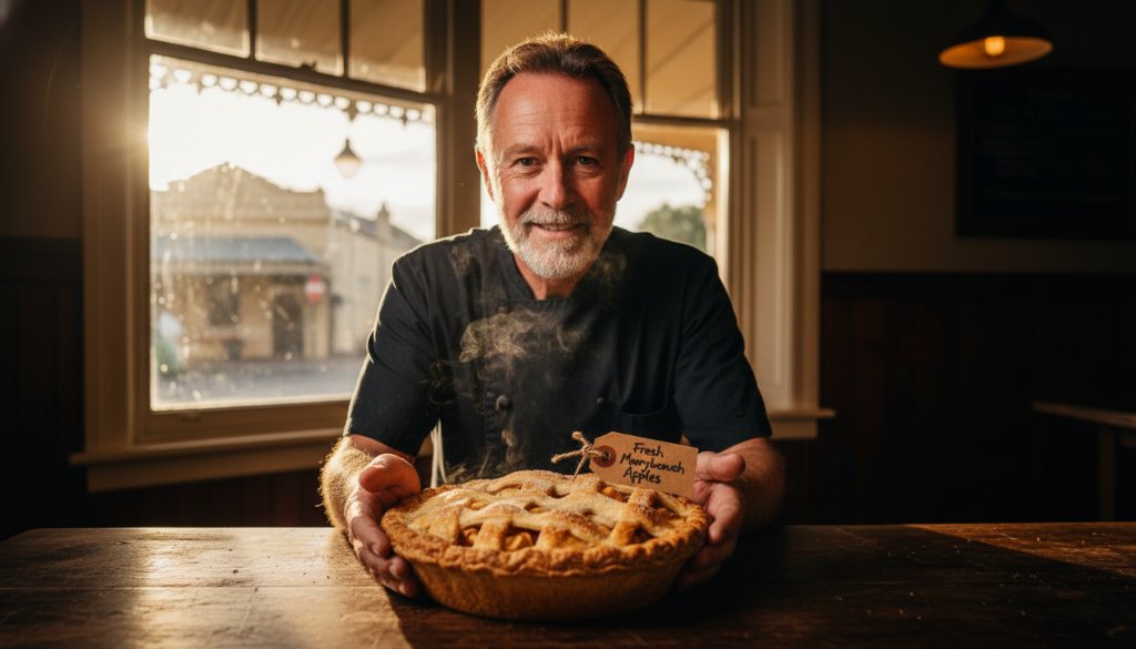 A dramatic, professionally colour-graded photograph showcasing exquisite Maryborough Victoria local produce food photography, with a rustic pie cooling on a vintage wooden table in a sun-drenched cafe, capturing the golden afternoon light.