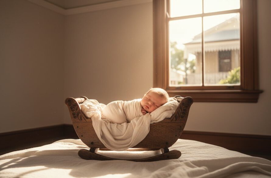 A heartwarming, softly lit, wide-angle portrait of a newborn baby swaddled in a delicate cream blanket, peacefully asleep in a rustic wooden basket amidst a sun-drenched, heritage-inspired room in Maryborough, Victoria, captured by a Maryborough Victoria newborn photography specialist.