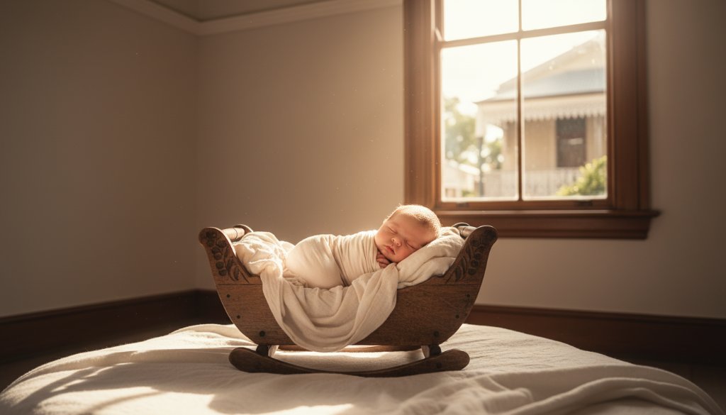 A heartwarming, softly lit, wide-angle portrait of a newborn baby swaddled in a delicate cream blanket, peacefully asleep in a rustic wooden basket amidst a sun-drenched, heritage-inspired room in Maryborough, Victoria, captured by a Maryborough Victoria newborn photography specialist.