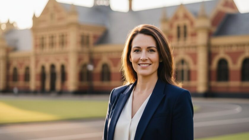 A dynamic, close-up, natural light 'epic moment' photograph of a professional woman with a confident smile, showcasing Maryborough Victoria professional headshots for career success, with blurred historic Maryborough architecture in the background, captured during golden hour.