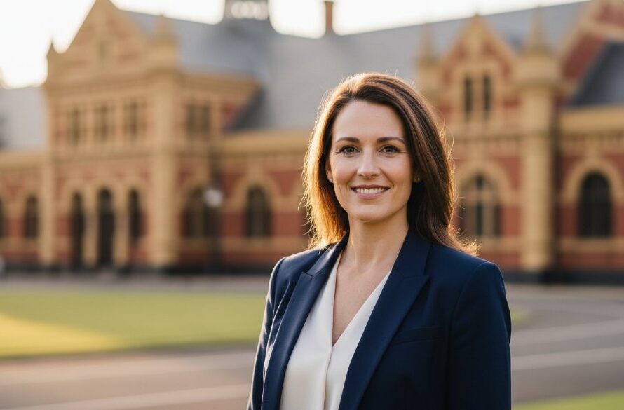 A dynamic, close-up, natural light 'epic moment' photograph of a professional woman with a confident smile, showcasing Maryborough Victoria professional headshots for career success, with blurred historic Maryborough architecture in the background, captured during golden hour.