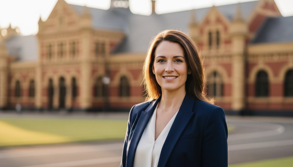 A dynamic, close-up, natural light 'epic moment' photograph of a professional woman with a confident smile, showcasing Maryborough Victoria professional headshots for career success, with blurred historic Maryborough architecture in the background, captured during golden hour.