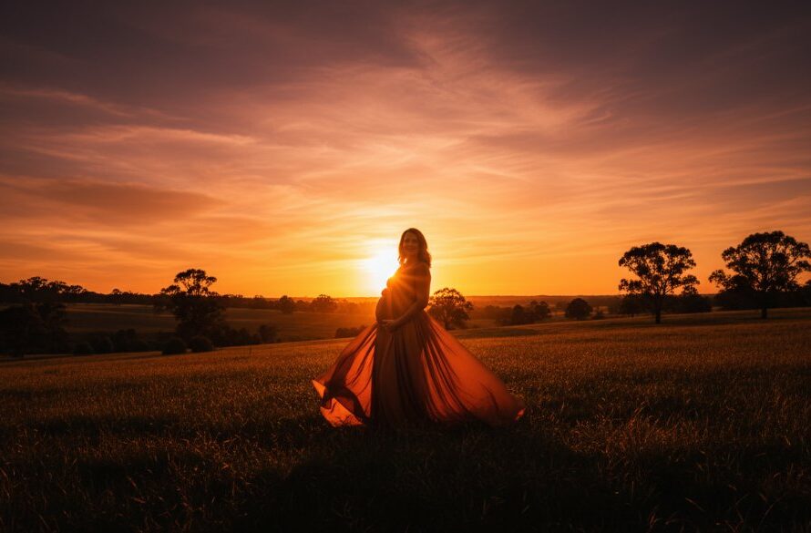 An ethereal and dramatic 'epic moment' photograph of a pregnant woman amidst the golden light of the Maryborough Victoria scenic Goldfields maternity photography backdrop, her silhouette highlighted against a stunning sunset.