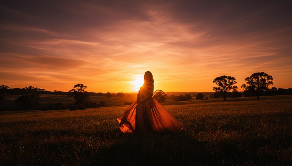 An ethereal and dramatic 'epic moment' photograph of a pregnant woman amidst the golden light of the Maryborough Victoria scenic Goldfields maternity photography backdrop, her silhouette highlighted against a stunning sunset.