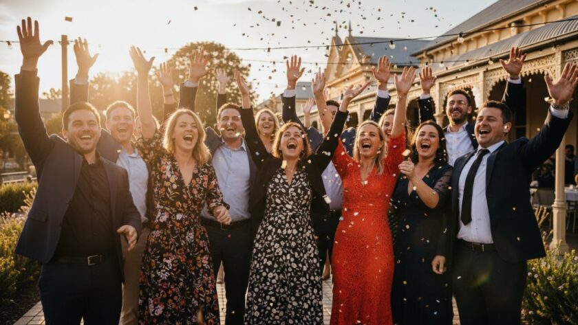 An exhilarating, wide-angle, 'epic moment' photograph capturing the heart of Maryborough Victoria vibrant party photography: guests laughing and dancing under string lights at sunset, their faces aglow with joy at a historic Maryborough venue, professionally color-graded with a cinematic feel.