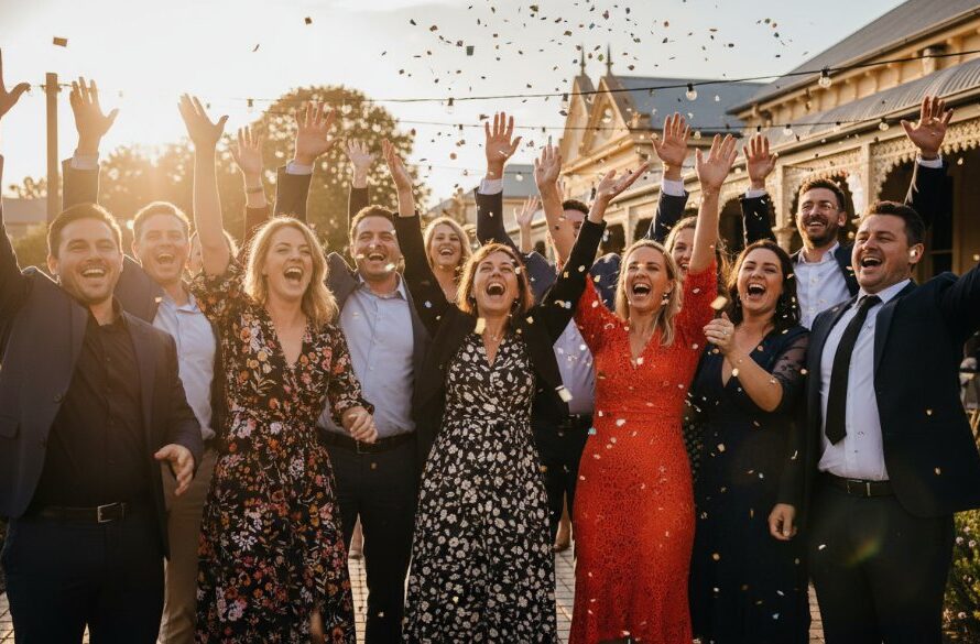 An exhilarating, wide-angle, 'epic moment' photograph capturing the heart of Maryborough Victoria vibrant party photography: guests laughing and dancing under string lights at sunset, their faces aglow with joy at a historic Maryborough venue, professionally color-graded with a cinematic feel.