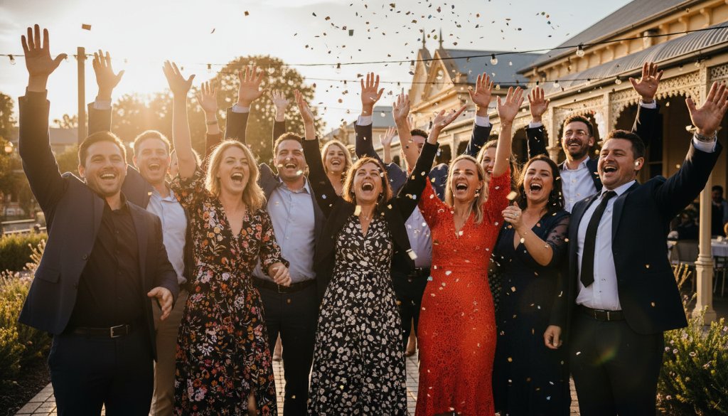 An exhilarating, wide-angle, 'epic moment' photograph capturing the heart of Maryborough Victoria vibrant party photography: guests laughing and dancing under string lights at sunset, their faces aglow with joy at a historic Maryborough venue, professionally color-graded with a cinematic feel.