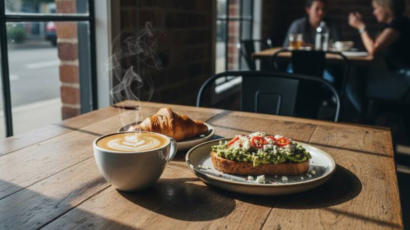 A dramatically lit flat lay of a delicious brunch spread, featuring a steaming coffee and artisanal toast, artfully captured to showcase mastering authentic cafe food photography Brooklyn Victoria, with warm, inviting colours.