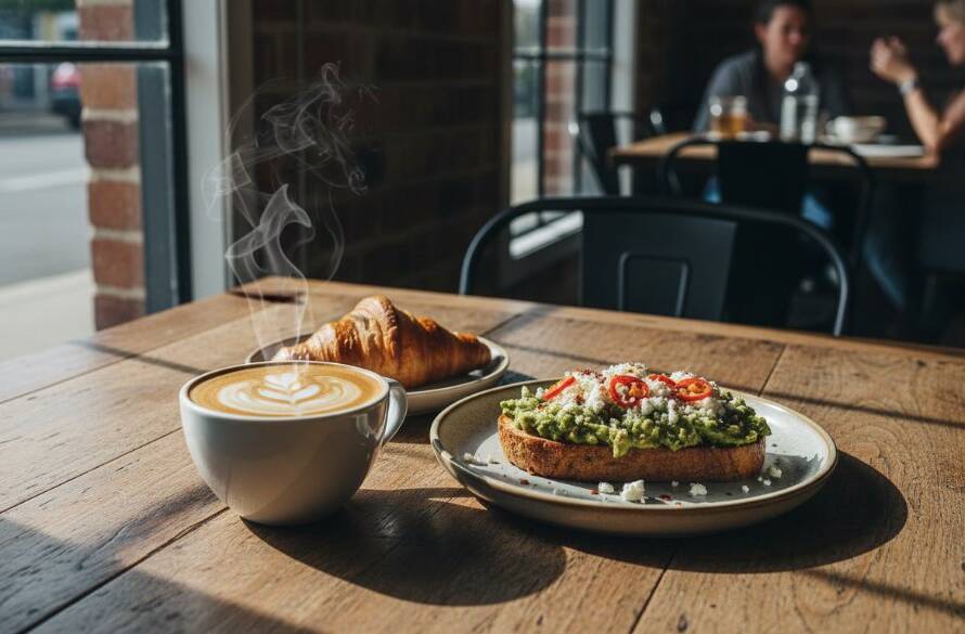 A dramatically lit flat lay of a delicious brunch spread, featuring a steaming coffee and artisanal toast, artfully captured to showcase mastering authentic cafe food photography Brooklyn Victoria, with warm, inviting colours.