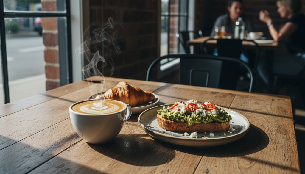 A dramatically lit flat lay of a delicious brunch spread, featuring a steaming coffee and artisanal toast, artfully captured to showcase mastering authentic cafe food photography Brooklyn Victoria, with warm, inviting colours.