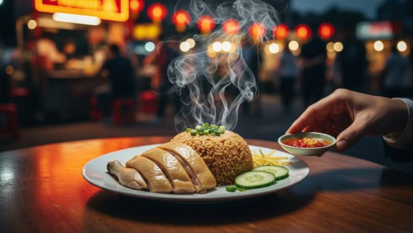 A close-up, dramatic professional photograph of a steaming bowl of laksa, richly coloured, being served at a vibrant Box Hill street food market stall, with blurred background bokeh showing the bustling night market, demonstrating mastering Box Hill Asian street food photography techniques.