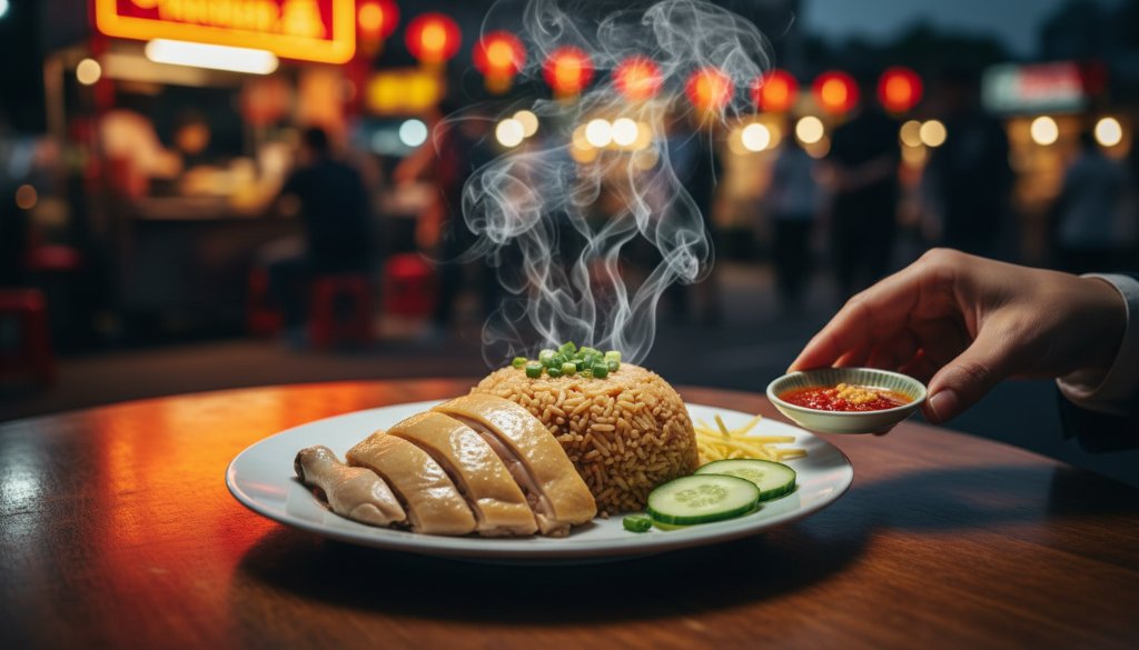 A close-up, dramatic professional photograph of a steaming bowl of laksa, richly coloured, being served at a vibrant Box Hill street food market stall, with blurred background bokeh showing the bustling night market, demonstrating mastering Box Hill Asian street food photography techniques.