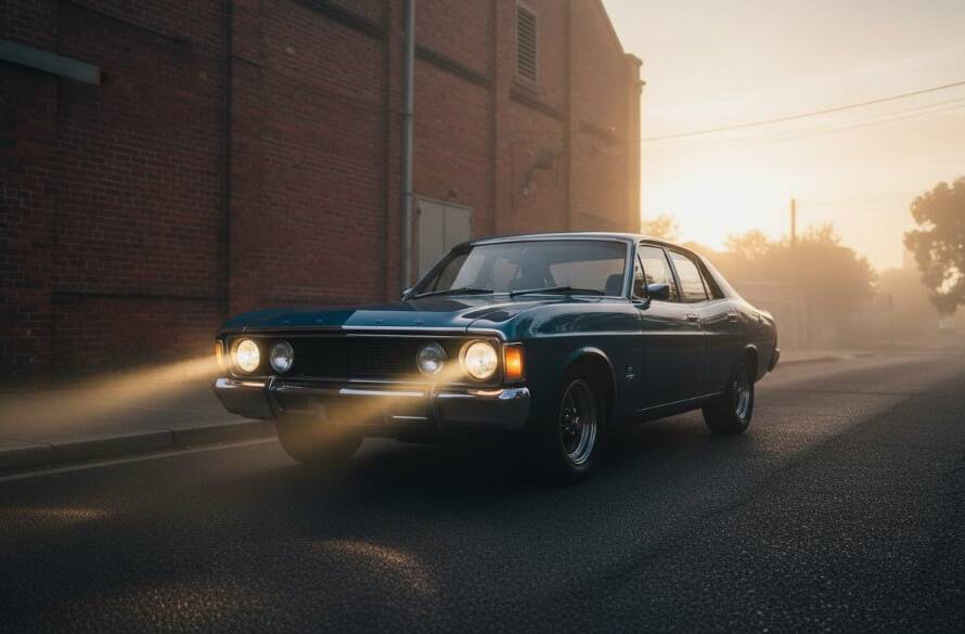 A powerful, low-angle shot demonstrating the mastery of dramatic car photography in Burnside Victoria, featuring a vintage muscle car gleaming under the twilight glow near a historic Burnside industrial building, with dramatic light streaks and a sense of speed and elegance.