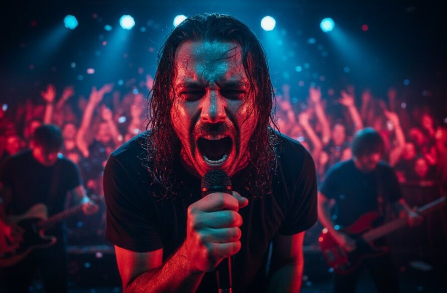 An electrifying live music moment captured in Waurn Ponds, showing a lead guitarist bathed in dramatic stage lights, mid-solo, with the crowd's energy palpable in the background, embodying mastering electrifying Waurn Ponds concert photography.
