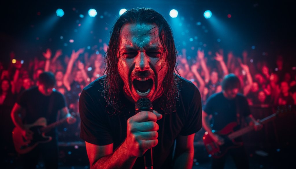 An electrifying live music moment captured in Waurn Ponds, showing a lead guitarist bathed in dramatic stage lights, mid-solo, with the crowd's energy palpable in the background, embodying mastering electrifying Waurn Ponds concert photography.