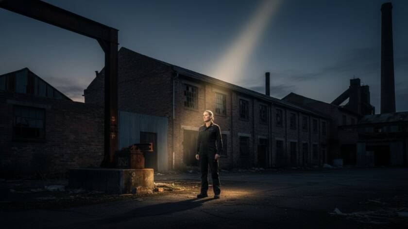Dramatic, cinematic fine art photograph capturing an 'epic moment' of a lone figure standing amidst the industrial backdrop of Brooklyn, Victoria, at dusk, with the focus keyphrase Mastering Fine Art Photography Brooklyn VIC Urban Canvas highlighted by a striking chiaroscuro lighting effect, rich colour grading, and deep shadows, evoking a sense of powerful introspection and artistic beauty.