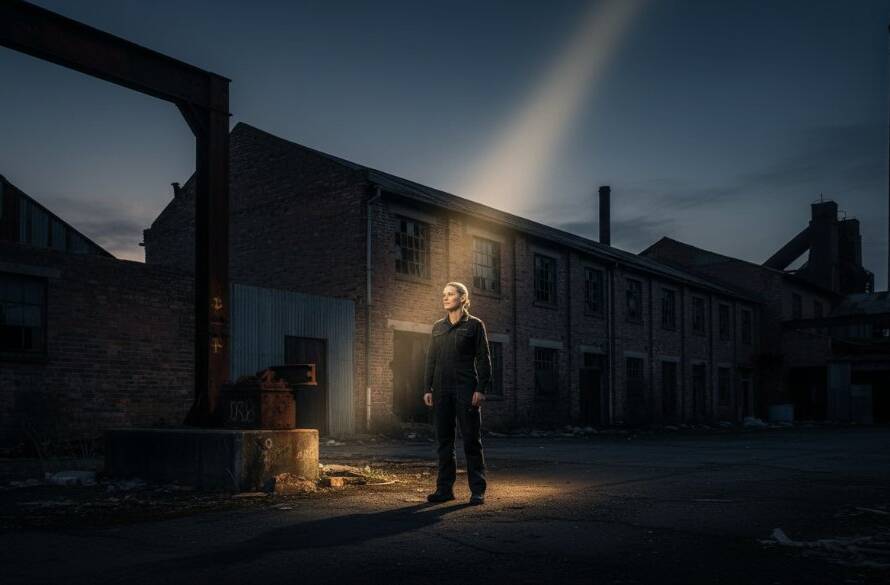 Dramatic, cinematic fine art photograph capturing an 'epic moment' of a lone figure standing amidst the industrial backdrop of Brooklyn, Victoria, at dusk, with the focus keyphrase Mastering Fine Art Photography Brooklyn VIC Urban Canvas highlighted by a striking chiaroscuro lighting effect, rich colour grading, and deep shadows, evoking a sense of powerful introspection and artistic beauty.
