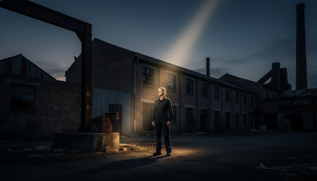 Dramatic, cinematic fine art photograph capturing an 'epic moment' of a lone figure standing amidst the industrial backdrop of Brooklyn, Victoria, at dusk, with the focus keyphrase Mastering Fine Art Photography Brooklyn VIC Urban Canvas highlighted by a striking chiaroscuro lighting effect, rich colour grading, and deep shadows, evoking a sense of powerful introspection and artistic beauty.