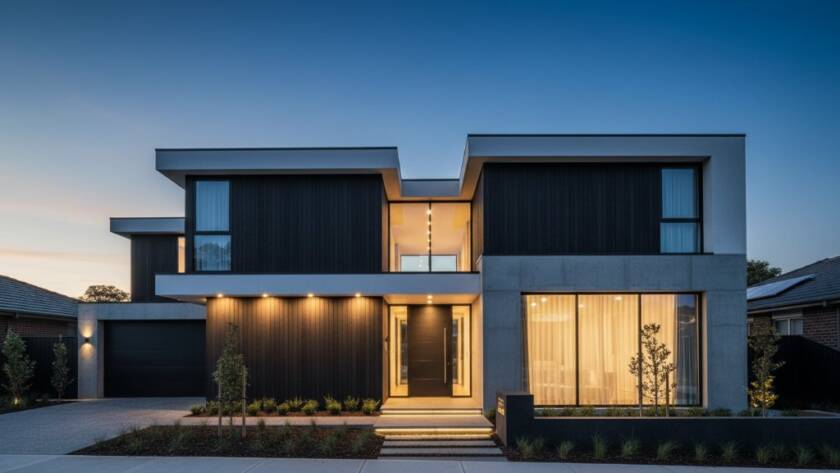 An epic moment capturing the intricate facade of a modern architectural home in Ringwood North, showcasing dramatic twilight lighting and precise composition, highlighting contemporary architectural photography details.