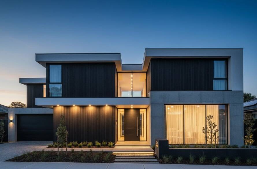 An epic moment capturing the intricate facade of a modern architectural home in Ringwood North, showcasing dramatic twilight lighting and precise composition, highlighting contemporary architectural photography details.
