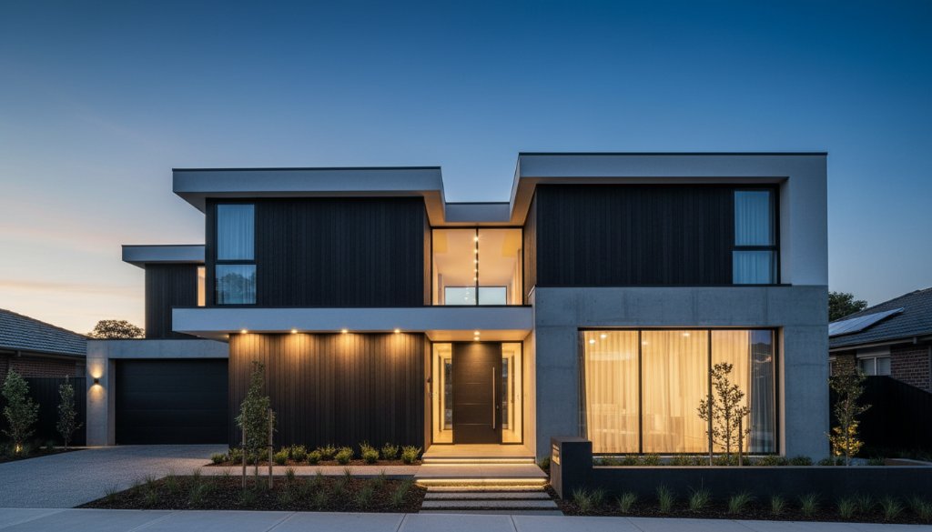 An epic moment capturing the intricate facade of a modern architectural home in Ringwood North, showcasing dramatic twilight lighting and precise composition, highlighting contemporary architectural photography details.