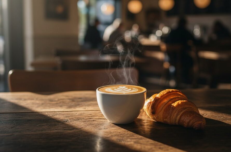 An intimate, cinematic shot showcasing perfectly styled artisan coffee and a gourmet pastry on a rustic wooden table in a sun-drenched South Geelong cafe, capturing the essence of mastering South Geelong cafe food photography for local businesses with dramatic natural light.