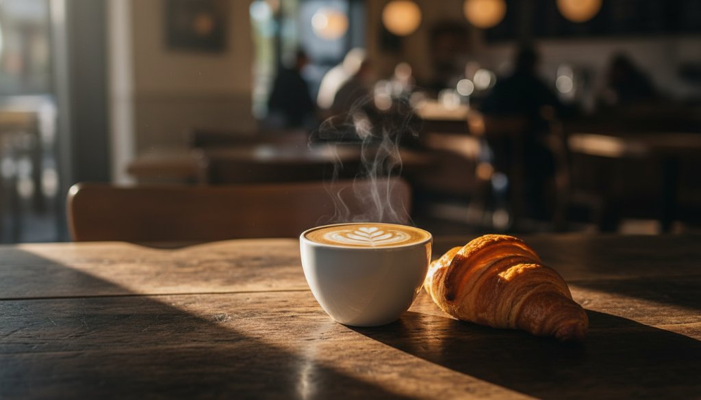 An intimate, cinematic shot showcasing perfectly styled artisan coffee and a gourmet pastry on a rustic wooden table in a sun-drenched South Geelong cafe, capturing the essence of mastering South Geelong cafe food photography for local businesses with dramatic natural light.