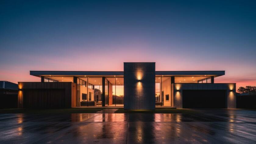 A stunning architectural photograph capturing a contemporary Templestowe residence at dawn, with dramatic long shadows cast by the rising sun, demonstrating the artistry of mastering Templestowe architectural photography dramatic light.