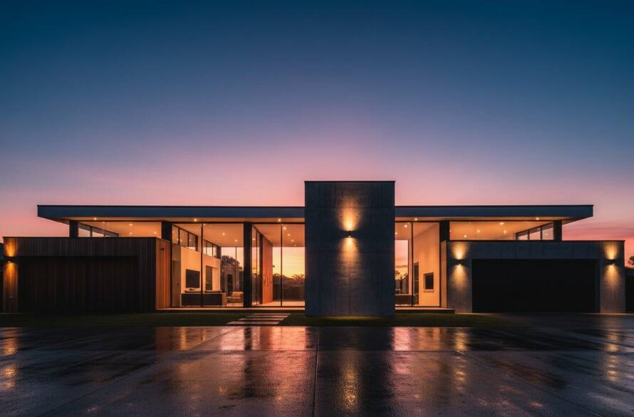 A stunning architectural photograph capturing a contemporary Templestowe residence at dawn, with dramatic long shadows cast by the rising sun, demonstrating the artistry of mastering Templestowe architectural photography dramatic light.