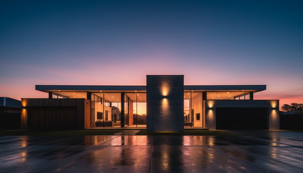 A stunning architectural photograph capturing a contemporary Templestowe residence at dawn, with dramatic long shadows cast by the rising sun, demonstrating the artistry of mastering Templestowe architectural photography dramatic light.
