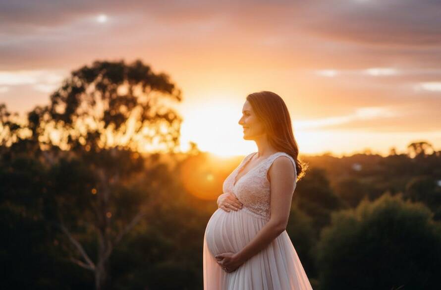 Epic moment maternity photography Notting Hill Victoria outdoor sunset portraits of a radiant expectant mother, silhouetted against a golden hour sky, gently cradling her bump in a flowing gown, evoking joy and anticipation.