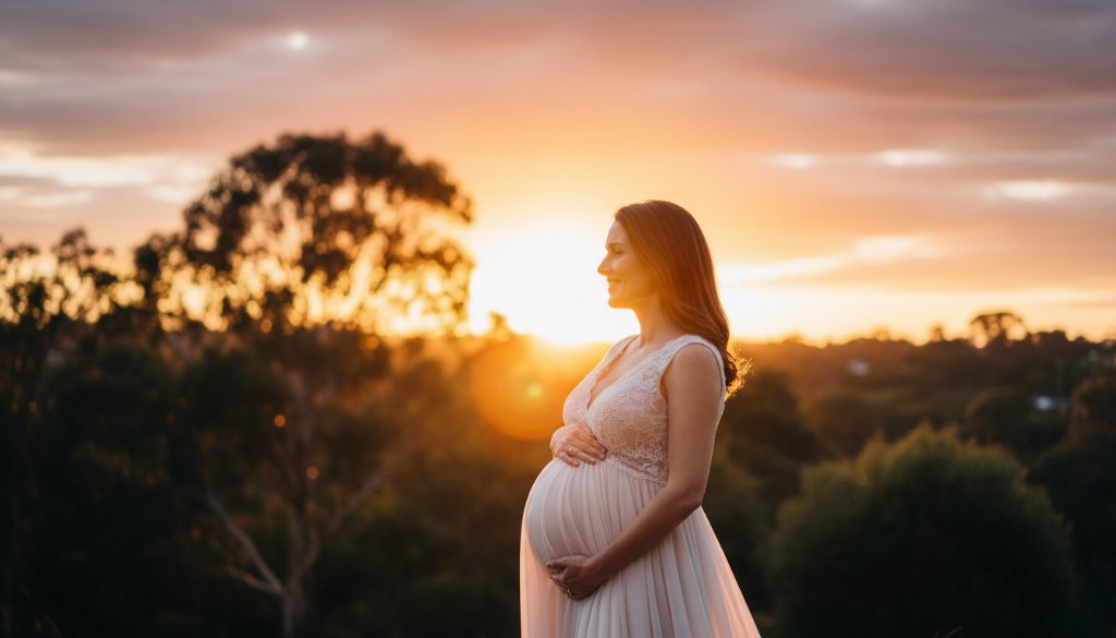 Epic moment maternity photography Notting Hill Victoria outdoor sunset portraits of a radiant expectant mother, silhouetted against a golden hour sky, gently cradling her bump in a flowing gown, evoking joy and anticipation.