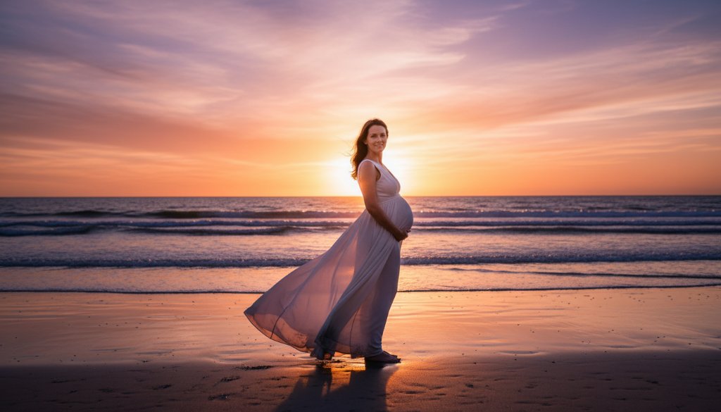 An epic moment capture of a glowing expectant mother at Parkdale beach during sunset, her silhouette framed by the golden light, showcasing the serene beauty of maternity photography Parkdale beach sunset.
