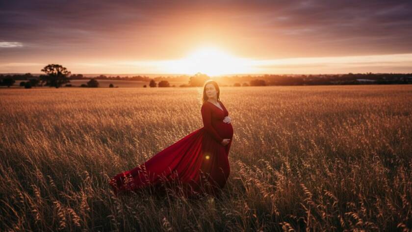A pregnant woman in an elegant flowing gown standing gracefully amidst a field of golden reeds at sunset in Springvale, Victoria, bathed in dramatic, warm backlighting, capturing serene outdoor maternity photos with an epic, cinematic feel.