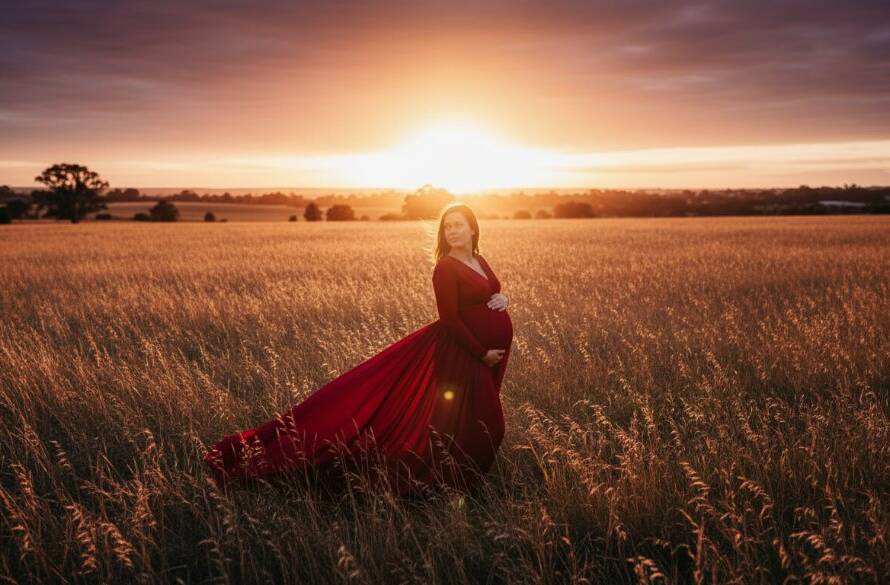 A pregnant woman in an elegant flowing gown standing gracefully amidst a field of golden reeds at sunset in Springvale, Victoria, bathed in dramatic, warm backlighting, capturing serene outdoor maternity photos with an epic, cinematic feel.
