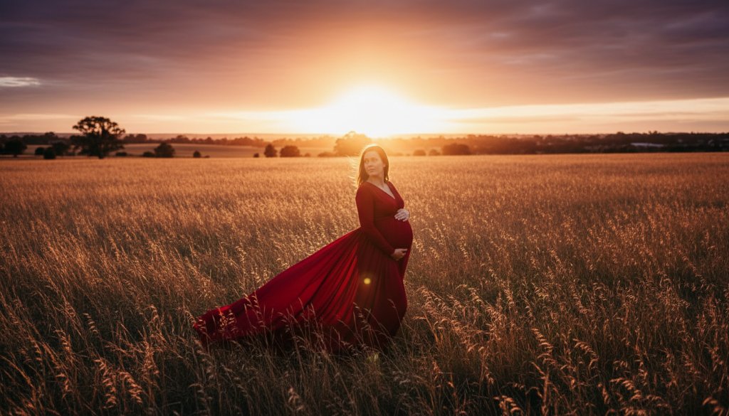 A pregnant woman in an elegant flowing gown standing gracefully amidst a field of golden reeds at sunset in Springvale, Victoria, bathed in dramatic, warm backlighting, capturing serene outdoor maternity photos with an epic, cinematic feel.