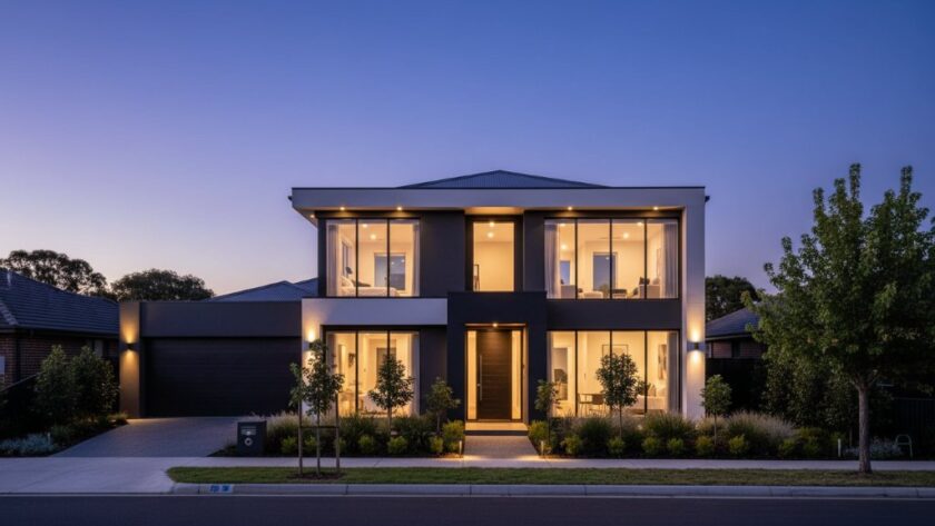 A stunning twilight photograph showcasing a beautifully lit, modern home in Geelong West, highlighting its architectural features and garden. The image captures the inviting ambiance perfect to maximise Geelong West property appeal with expert photography, creating a dramatic, professional hero shot.