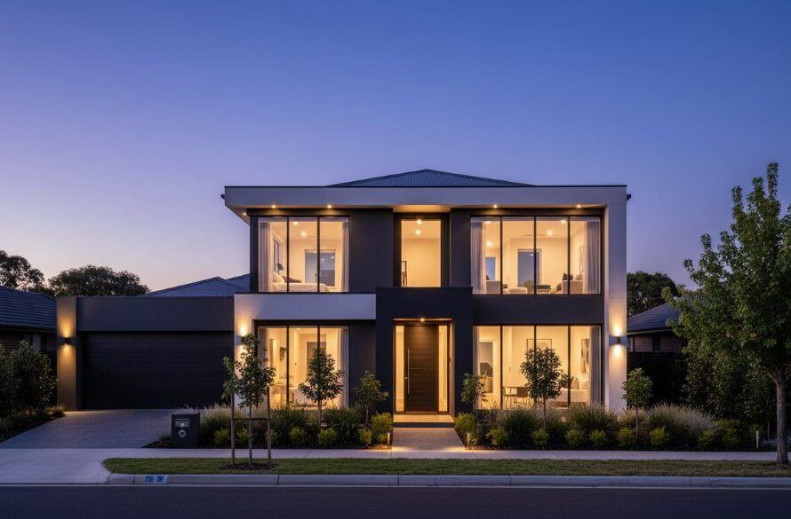 A stunning twilight photograph showcasing a beautifully lit, modern home in Geelong West, highlighting its architectural features and garden. The image captures the inviting ambiance perfect to maximise Geelong West property appeal with expert photography, creating a dramatic, professional hero shot.