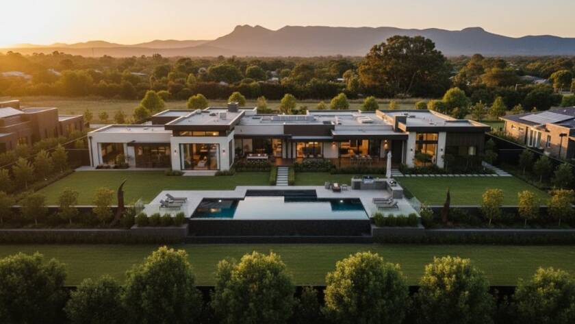 A stunning, golden hour aerial shot showcasing a luxurious family home in Wantirna South, Victoria, with lush gardens and Dandenong Ranges backdrop, highlighting how Maximise Wantirna South Property Appeal Real Estate Photography elevates listings.
