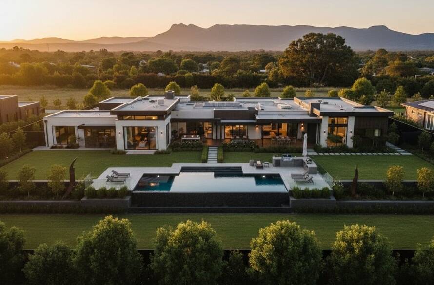 A stunning, golden hour aerial shot showcasing a luxurious family home in Wantirna South, Victoria, with lush gardens and Dandenong Ranges backdrop, highlighting how Maximise Wantirna South Property Appeal Real Estate Photography elevates listings.