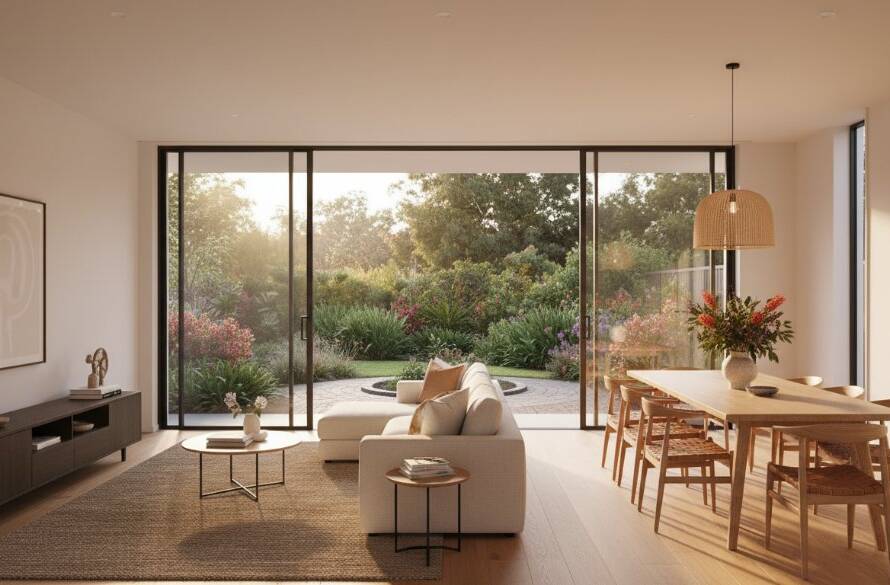 A stunning, wide-angle, 'epic moment' photograph showcasing a beautifully lit, modern living area within a Heathmont home, bathed in soft, golden hour sunlight streaming through large windows, with lush Australian garden views outside. The space feels inviting and luxurious, meticulously styled to perfection. This image highlights the power of Maximising Heathmont property appeal through professional photography, captured with dramatic lighting and professional color grading.