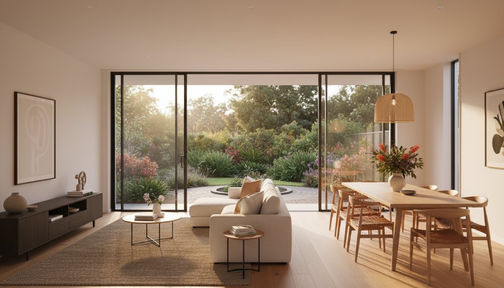 A stunning, wide-angle, 'epic moment' photograph showcasing a beautifully lit, modern living area within a Heathmont home, bathed in soft, golden hour sunlight streaming through large windows, with lush Australian garden views outside. The space feels inviting and luxurious, meticulously styled to perfection. This image highlights the power of Maximising Heathmont property appeal through professional photography, captured with dramatic lighting and professional color grading.