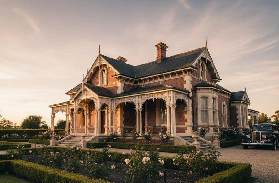 A wide-angle, cinematic shot showcasing the grand facade of a beautifully restored Victorian heritage home in Maryborough, Victoria, bathed in the soft glow of golden hour. The immaculately manicured garden leads to the entrance, highlighting intricate architectural details and cast shadows, capturing the essence of Maximising Maryborough heritage property photography value. Professional colour grading enhances the historic charm and luxurious feel.