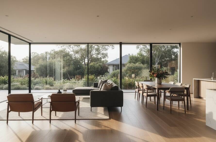 A wide-angle, epic moment shot of a modern, sun-drenched living room in Mulgrave, Victoria, showcasing a stunning property through professional real estate photography, highlighting light and space to attract buyers and demonstrating the power of maximising property value Mulgrave real estate photography.