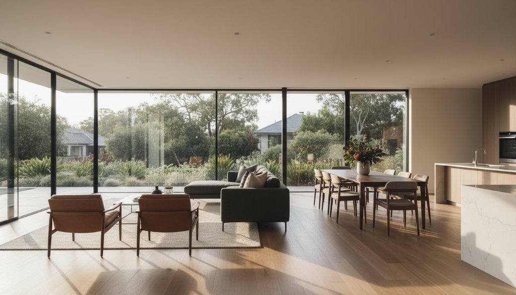 A wide-angle, epic moment shot of a modern, sun-drenched living room in Mulgrave, Victoria, showcasing a stunning property through professional real estate photography, highlighting light and space to attract buyers and demonstrating the power of maximising property value Mulgrave real estate photography.