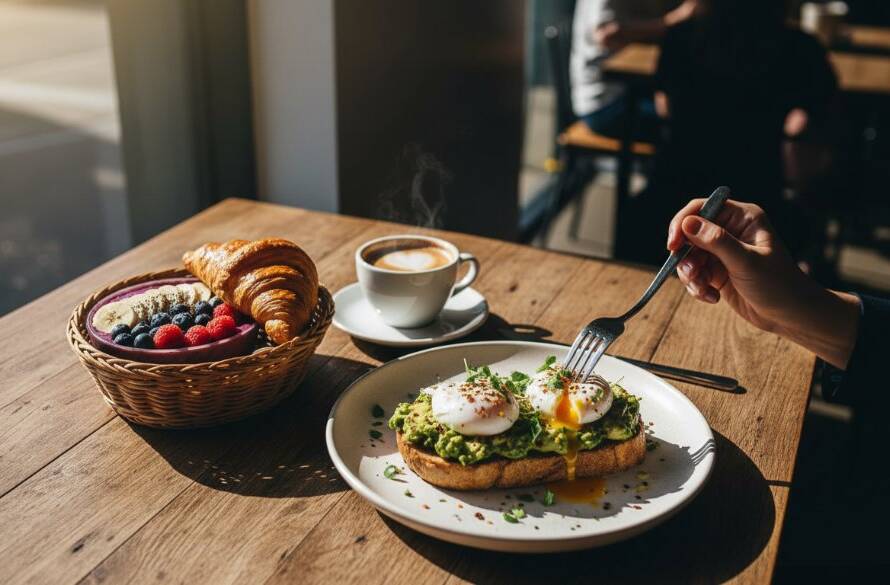 Dramatic overhead shot of a perfectly plated, steaming gourmet brunch dish with vibrant colours on a rustic wooden table inside a sunlit McKinnon cafe, showcasing expert McKinnon artisan food photography for cafes with a soft bokeh background of bustling patrons.