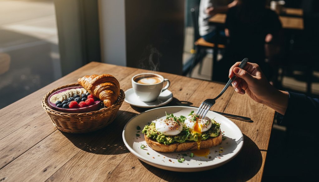 Dramatic overhead shot of a perfectly plated, steaming gourmet brunch dish with vibrant colours on a rustic wooden table inside a sunlit McKinnon cafe, showcasing expert McKinnon artisan food photography for cafes with a soft bokeh background of bustling patrons.